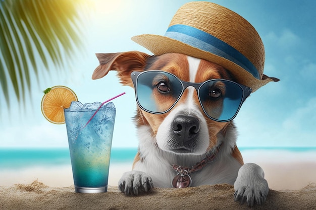 Hond op het strand met een cocktail Generatieve AI