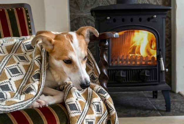 Hond open haard gekleurde deken huis droevig ouderwets hout koud brandhout