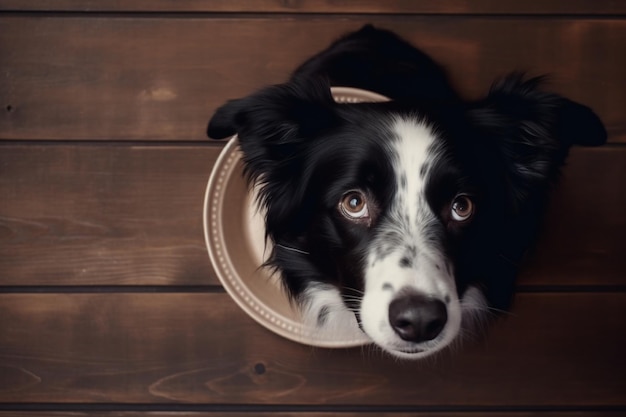 Hond probeert te eten van een lege keramische plaat op een oude vintage geborstelde houten tafel met wit top view concept