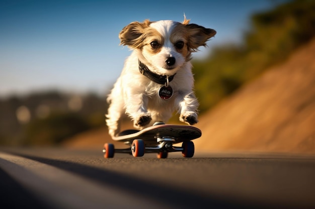 Hond rijdt heel snel met snelheid een skateboard als skater Generatieve AI