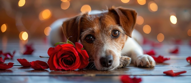 Foto hond rusten naast roos