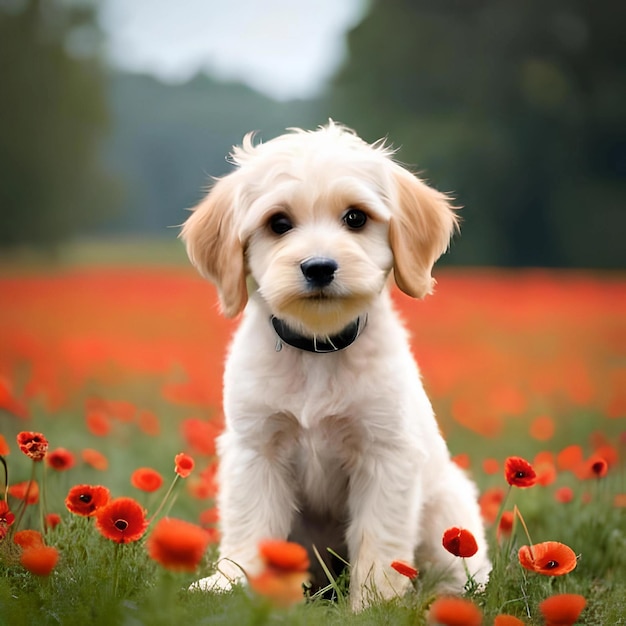 Hond setting in bloemen generatief in Ai