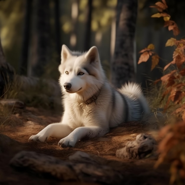 Hond Siberische Husky zit in het bos