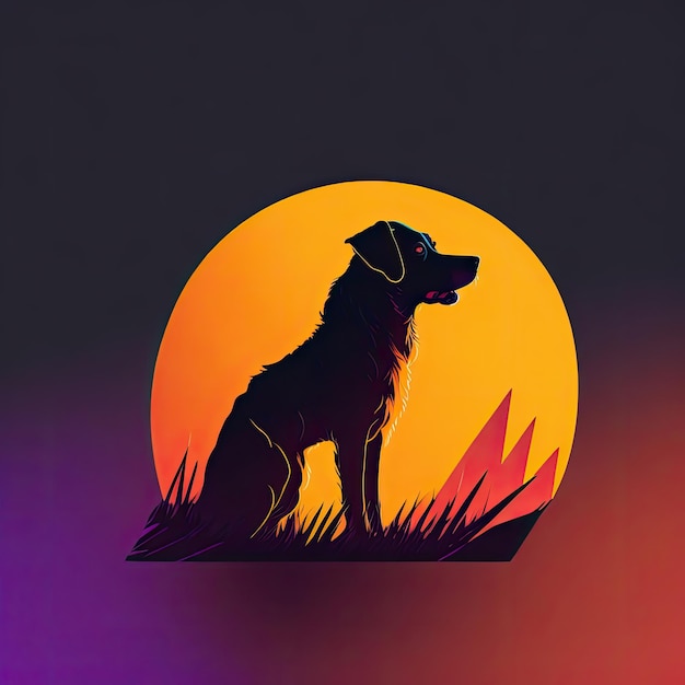 Hond silhouet op zonsondergang achtergrond Hond synthwave stijl schilderij