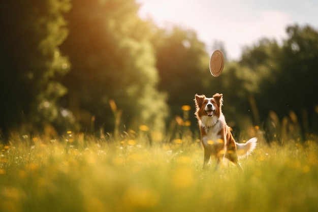 Hond speelt met een frisbee op een groen grasveld onder een heldere hemel zomer