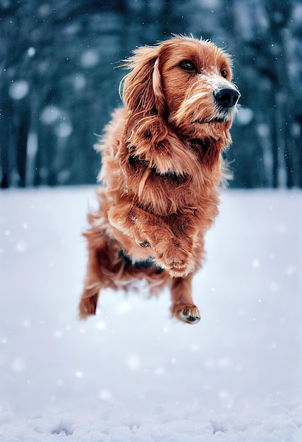 Hond springt op besneeuwd veld in de winter