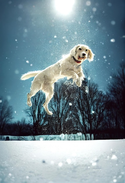 Hond springt op besneeuwd veld in de winter