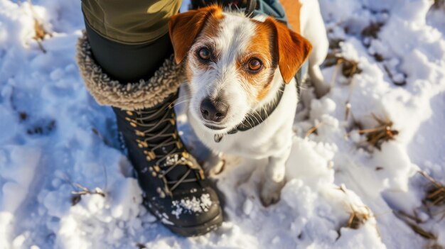 Hond staat in de sneeuw naast een persoon Perfect voor projecten met een winterthema