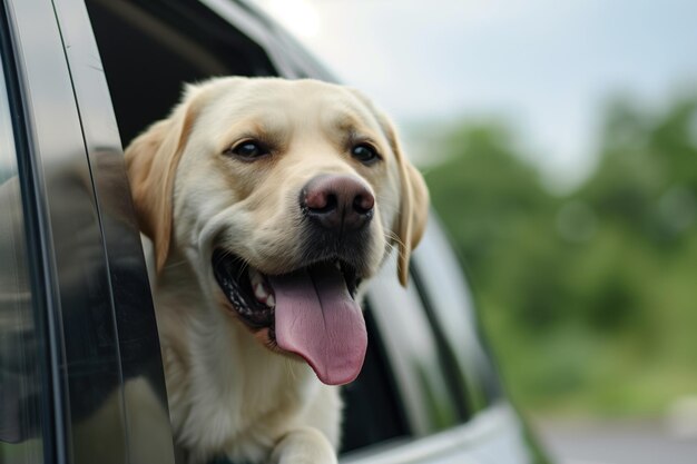 Hond steekt zijn hoofd uit het raam van de auto, zijn tong uit zijn ogen en knipoogt.