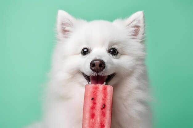 hond van watermeloen die van een popsicle eet