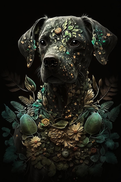 Hond versierd met bloemen op zwarte achtergrond