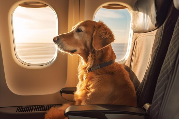 Hond vliegtuig passagier zonsondergang Genereer Ai