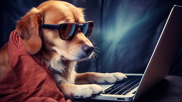 Hond werkt met de laptop Remote werk of freelance concept met grappige puppy