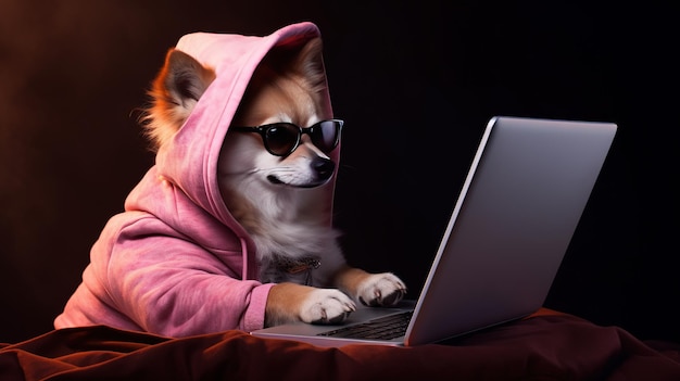 Hond werkt met de laptop Remote werk of freelance concept met grappige puppy