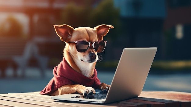 Foto hond werkt met de laptop remote werk of freelance concept met grappige puppy