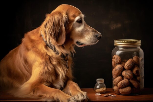 Foto hond zit gehoorzaam naast een snoeppotje gemaakt met generatieve ai