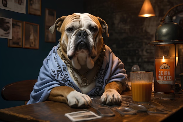 Hond zit in een bar grappige foto Engelse bulldog