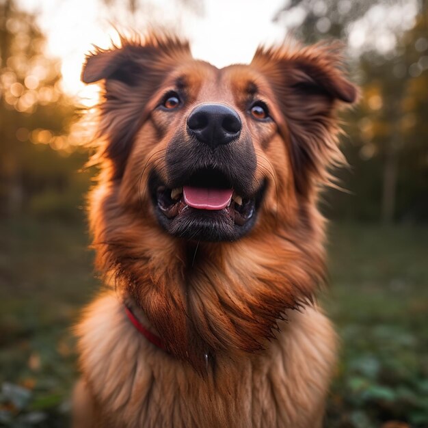 Hond zit in het bos.