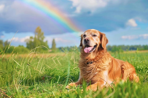 Hond zit op groen gras in het midden van het veld en regenboog in de lucht