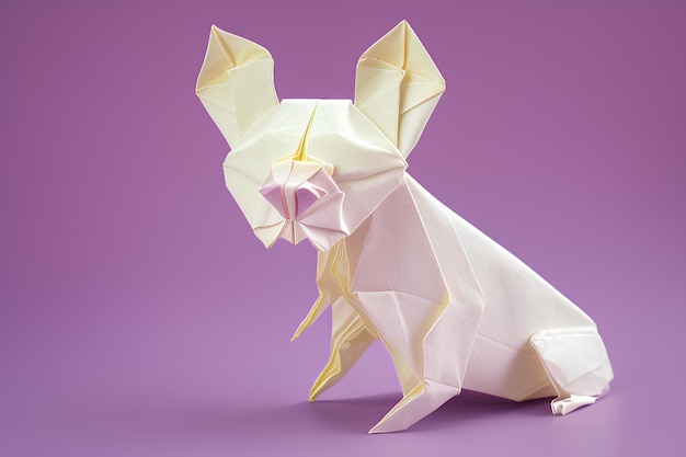 Hond zitten origami stijl paarse achtergrond