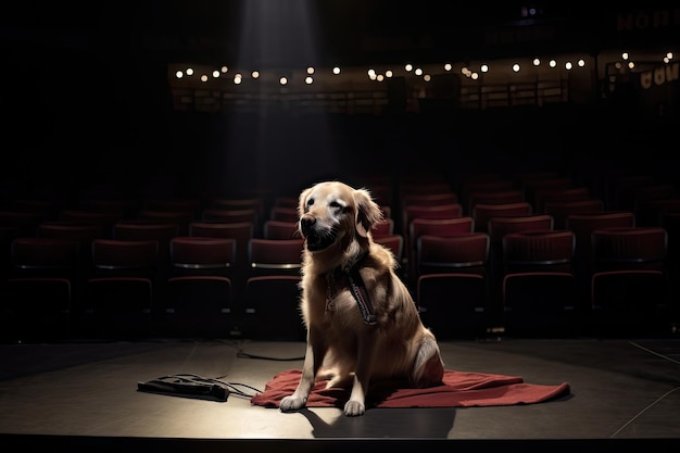 Hond zittend op het podium met gitaar klaar om te rocken, gemaakt met generatieve AI