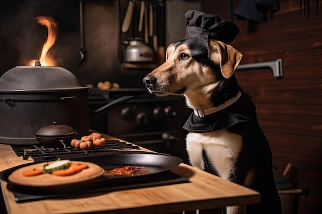 Hondchef-kok die met zinderende hete plaat kookt die maaltijd voor trouwe viervoeter voorbereidt