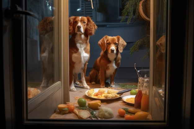 Honden die zich weerspiegelen in een glazen deur en naar voedsel binnen kijken