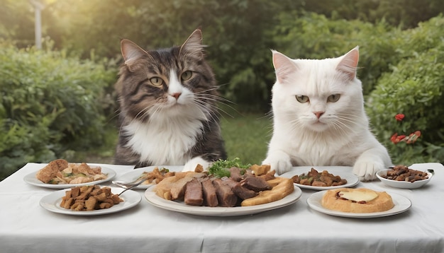 Honden en katten die vreedzaam samen een maaltijd delen