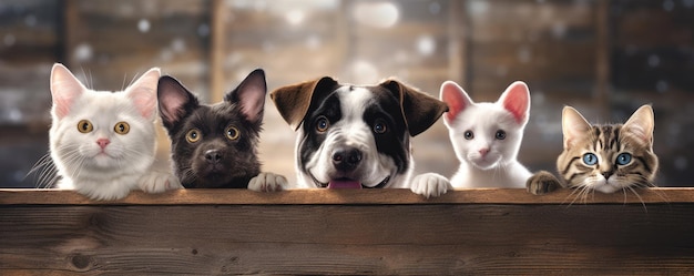 Honden en katten gluren over de doorzichtige houten bovenste regel dierenwinkelbanner gelukkige glimlach grappige Generatieve AI-afbeelding weber