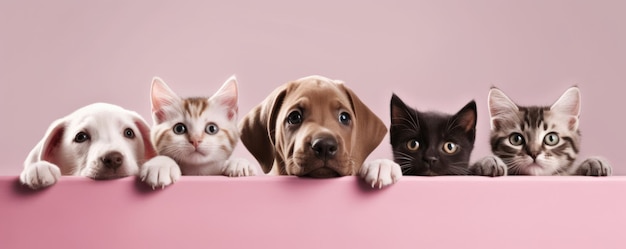 Honden en katten kijken over de heldere solide blauwe bovenste lijn pet shop banner gelukkige glimlach grappig Generatieve AI beeld weber