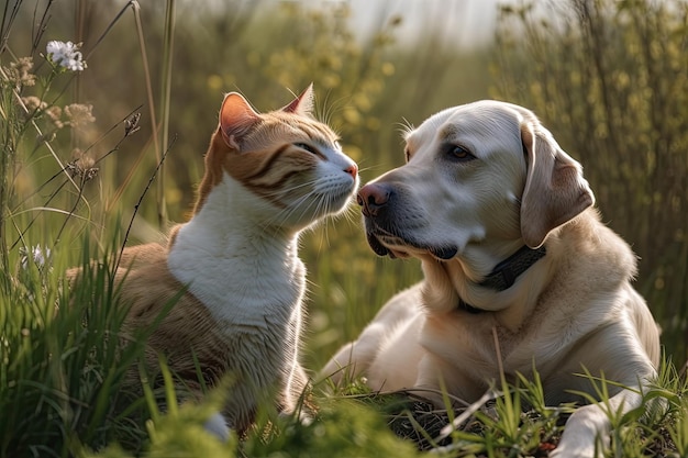 Honden en katten kunnen goed met elkaar overweg in het gras
