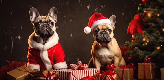 Foto honden in kerstkostuums twee franse bulldogs onder de boom gemaakt met generative ai technologie