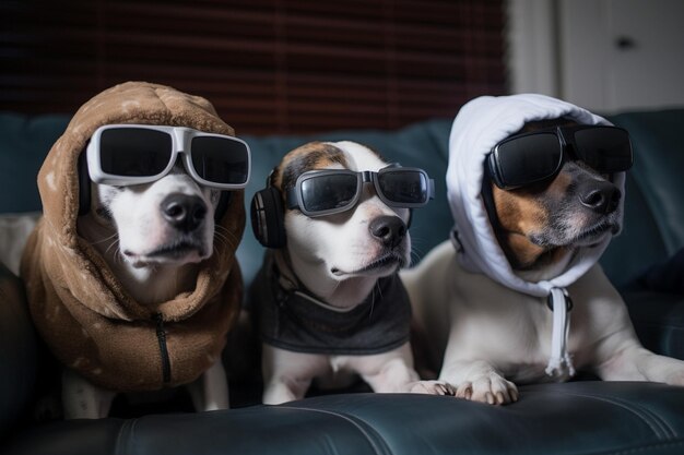 Honden kijken naar een film op de bank met VR Virtual Reality headsets