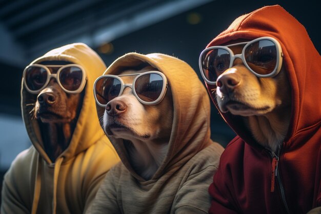 Foto honden kijken naar een film op de bank met vr virtual reality headsets