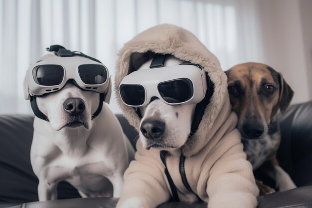 Honden kijken naar een film op de bank met VR Virtual Reality headsets