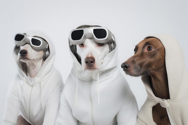 Honden kijken naar een film op de bank met VR Virtual Reality headsets