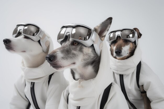 Honden kijken naar een film op de bank met VR Virtual Reality headsets