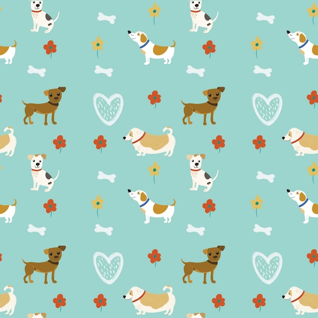 Honden potlood en bloemen groen patroon kinderen potlood tekenen dierpatroon textiel