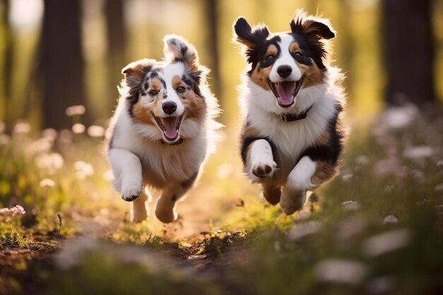 Honden rennen in een bos met bomen op de achtergrond