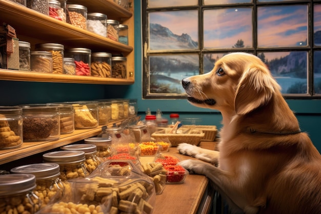 Honden snuiven heerlijke lekkernijen in een dierenwinkel gemaakt met generatieve AI
