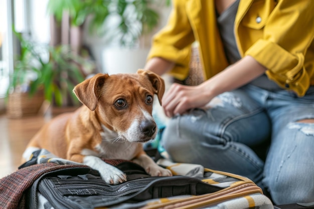 Hondenhouder die een koffer met essentiële dingen voor huisdieren inpakt Hond die in de koffer zit en wacht op een reis Generatieve AI