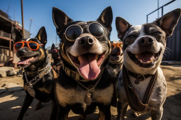 hondenportret met zonnebril Grappige dieren in een groep samen kijkend naar de camera, gekleed in kleding, samen plezier makend een selfie Een ongewoon moment vol plezier en modebewustzijn