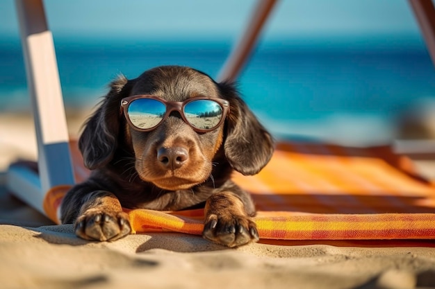Hondje met een zonnebril op een zonnebad om te zonnebaden op het strand tijdens de zomervakantie