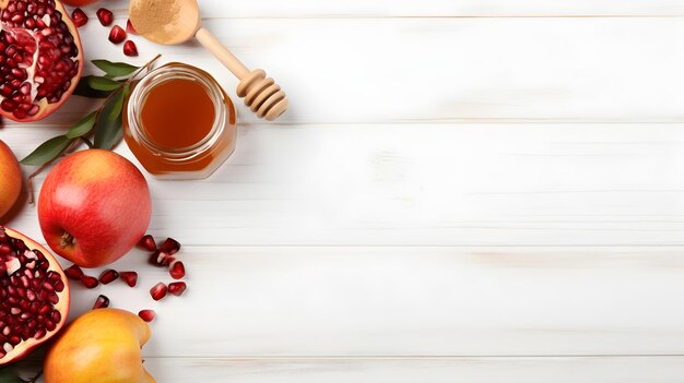 Honey apples and pomegranates on blue wooden table flat lay Rosh Hashanah holiday Generative ai