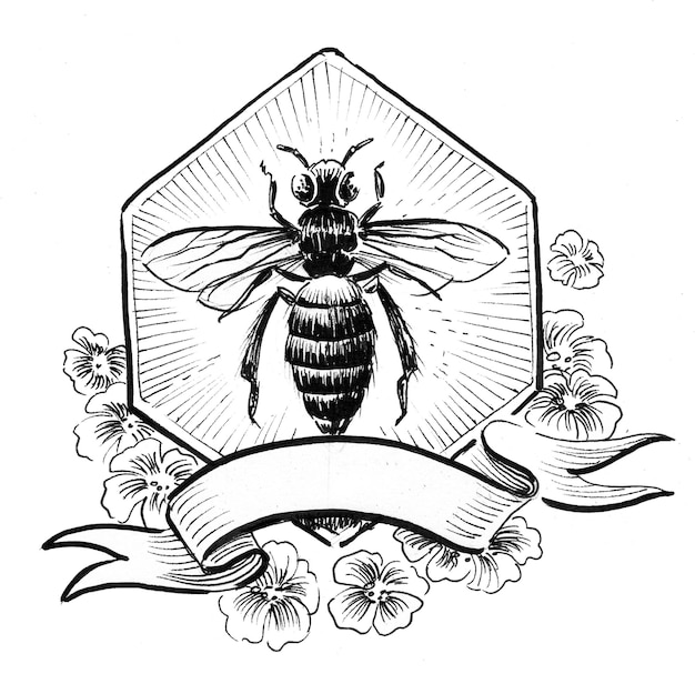 Photo honey bee, banner and flowers. ink black and white drawing