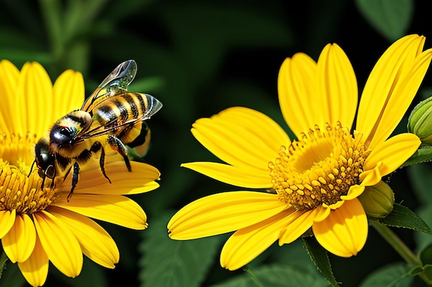 Honey bee and beautiful yellow flower