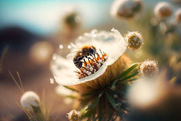 Honey bee collecting bee pollen from white flower blossom in sunlight