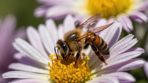 Honey bee collecting pollen from flower