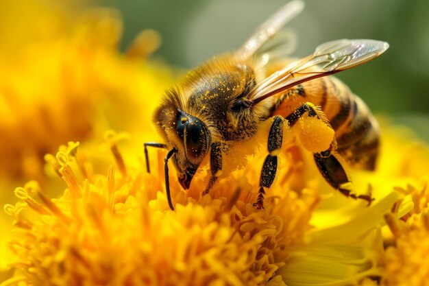 Honey bee collecting pollen from yellow flower Macro photo AI generated