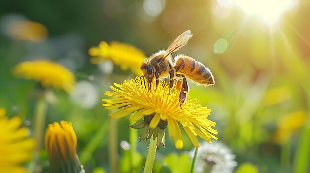 A honey bee collects nectar from yellow dandelion flowers AI generated